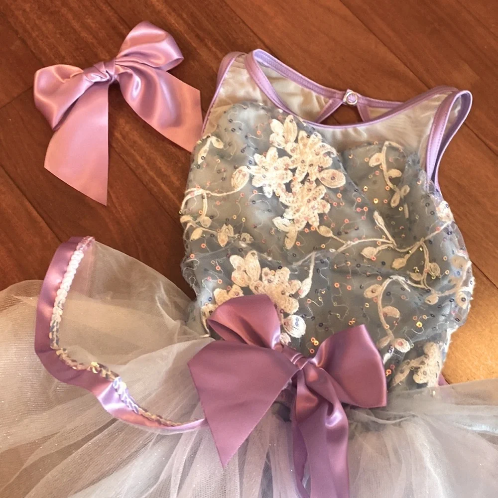 Girls Weissman EUC Blue & Purple Ballerina Costume w/Purple Hairbow - Sz XSC